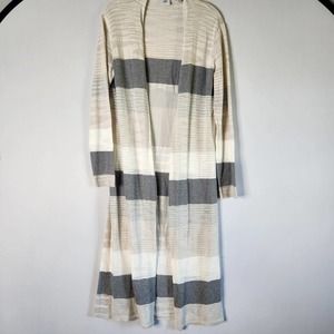 Cabi Vineyard Stripe Duster Open Front Cardigan Sweater S Gray Beige Cream Knit